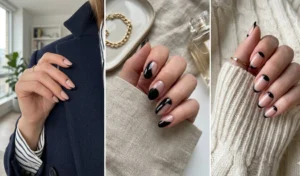 Collage of chic midnight black and sheer nude nail art designs, featuring micro-tips, negative space, and half-moon cuticles styled with a tailored blazer.
