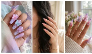 A triptych showing soft lavender and pink airbrushed aura nails, beautifully decorated with oversized 3D translucent butterfly charms inspired by early 2000s hair accessories.