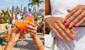 A 2-panel image of bold Malibu Barbiecore hot pink and orange color-blocked nails, featuring hands holding a retro cocktail glass and resting on a chic white summer outfit.