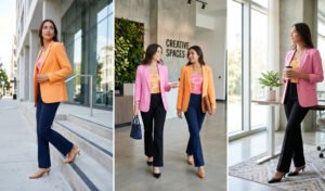 A 3-panel business casual fashion collage showing women in bright pink and tangerine blazers, subtle hibiscus tube tops, tailored bootcut trousers, and kitten heel mules.