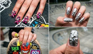 A four-panel grid showcasing chaotic skater-girl junk nails that mix neon pink and black checkerboard patterns with aggressive silver chrome 3D tribal flame decals.