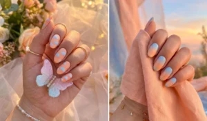 Split image of nostalgic soft peach and baby blue nails, displaying fluffy painted clouds and a smooth twilight sky blending gradient.