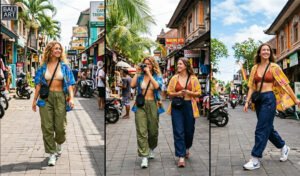 A 3-panel functional vacation fashion collage showing tourists in lightweight swishy parachute pants, crochet bikini tops, and unbuttoned oversized colorful Hawaiian shirts.