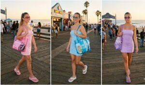 A 3-panel collage of women walking on a beach boardwalk in pastel monochromatic toweling tube dresses, styled with matching jelly tote bags and Y2K tinted sunglasses.
