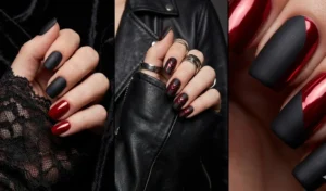 Three-part high-fashion collage contrasting matte black and glossy crimson nails, featuring the Louboutin manicure and architectural geometric lines.