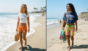 Two women walking on the beach wearing 2000s-style low-rise hibiscus board shorts and cropped graphic baby tees, capturing the retro California surf aesthetic.