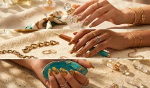 Tapered square nails featuring 1970s-inspired wavy lines in mustard yellow, terracotta, and teal, showcasing a retro and groovy aesthetic.