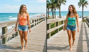 Two women on a sunny boardwalk wearing nostalgic early 2000s ruched tankini tops paired with frayed micro denim cut-off shorts.