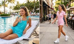 Two photos showing colorful terry cloth rompers worn as a summer poolside cover-up and styled casually with chunky white sneakers.
