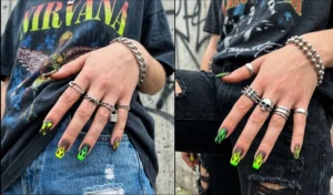 A 2-panel collage displaying 90s grunge meets Y2K neon manicures with dark bases and neon green flame art, paired with chunky silver chains and distressed denim.