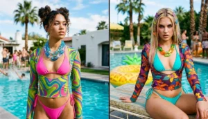 Two women at a summer pool party wearing long-sleeve sheer mesh cover-ups with tropical prints layered over solid bikinis.