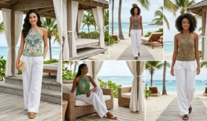 Four women showcasing Old Money Tropical style, wearing intricately beaded halter tops and flowy white wide-leg linen pants at a Caribbean beach cabana.