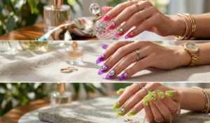 A collection of hands showcasing vibrant jelly gel nails in neon pink, purple, and green, heavily decorated with high-shine Swarovski crystals for a McBling aesthetic.