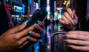 Futuristic cyber-punk nails featuring a mirror-like chrome silver base finished with bright neon green and neon orange French tips.