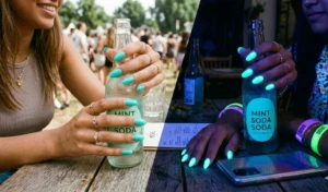 A split photo showing a vibrant aqua blue turquoise manicure during the day and its bright luminescent neon glow under UV blacklight at night.