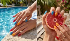 A 2-panel split showing translucent 3D jelly nails in mixed fruit tones of red, blue, and orange with clear gel droplets, posed next to a swimming pool and a fresh grapefruit.