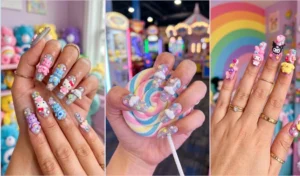A three-panel collage of blinding holographic silver and pink nails, stacked high with colorful kawaii resin charms including pastel bears, fluffy clouds, and stars.