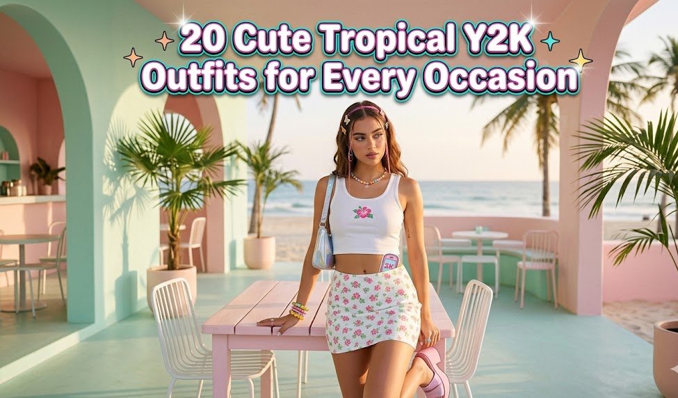 A fashion photograph of a woman wearing a white graphic crop top with a pink floral design, and a matching white mini skirt with a pink and green floral print. She is standing at a pink table at an outdoor cafe or restaurant with a view of the beach and ocean in the background. The text "20 Cute Tropical Y2K Outfits for Every Occasion" is displayed across the top of the image in a large bubble font. The background features pink and blue arches and potted palm trees.