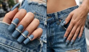 A two-panel photo showing highly textured faux blue denim nails, styled with a horizontal row of square-cut diamonds and tiny silver buckles to mimic 2000s rhinestone belts.