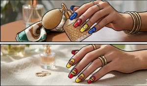 Two-dimensional pop art style nails with primary colors, thick black borders, and white highlight lines, creating a retro comic book illustration effect.