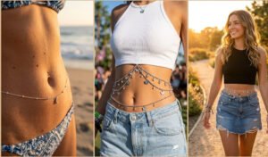 A 3-panel collage highlighting sparkling silver belly chains and layered waist jewelry worn beautifully over bikinis and bare midriffs.
