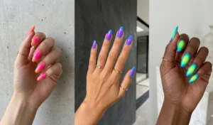 A 3-panel image of abstract aura nails on almond shapes, featuring bright summer neon gradients fading into contrasting borders, styled against modern minimalist backgrounds.