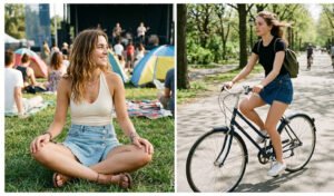 A 2-panel image of women comfortably wearing vintage wash denim skorts for active outdoor summer activities like music festivals and biking.
