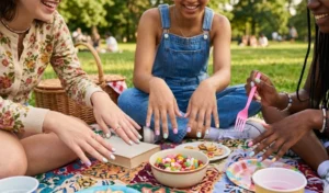 An indie-style mismatched pastel manicure with each nail painted a different shade of lavender, mint, blue, yellow, and bubblegum pink with retro flower art.