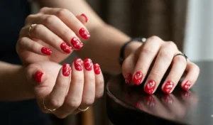 A modern 3D textured manicure featuring a classic cherry red base topped with clear builder gel sculpted into water droplets and abstract squiggles.