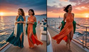A 2-panel luxury resort wear diptych of women on a cruise boat deck wearing halter-neck maxi dresses with dramatic side slits and signature Y2K O-ring hardware.
