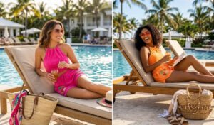 A 2-panel diptych showing two stylish women lounging by a resort pool, wearing vibrant tangerine and hot pink terry cloth matching shorts sets with tropical embroidery, oversized rimless sunglasses, and woven straw bags.