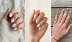 Three-panel minimalist collage showing clean girl aesthetic matcha green and milky white nails with micro-French tips, marble effects, and botanical leaves.
