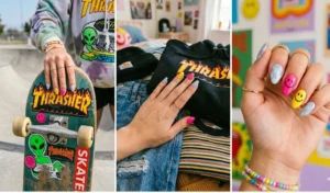A 3-panel collage of mismatched checkerboard and smiley face nails featuring skater checks and bright yellow smileys, styled with a vintage skateboard and casual streetwear.