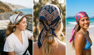 A 3-panel collage of women wearing printed pastel satin bandana headscarves to protect their hair during a summer road trip and beach vacation.