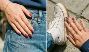 Two-panel streetwear style collage of cherry red and denim blue nails, showcasing diagonal color-blocking and abstract line work.