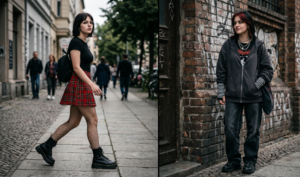 In the first frame, a woman in a black t-shirt and green cargo pants walks down a city street. The second image shows a woman in a floral halter-neck top and a long denim skirt smiling and walking in the city. In the final image, a woman in a white bandeau top and light-wash denim shorts sits on a chair.