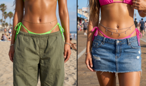Split-screen close-ups of bikini bottom side ties pulled high over the hips above low-rise parachute pants and a denim skirt, accessorized with belly chains.