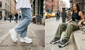 In a two-panel image, a woman shows her outfits against an old city street backdrop. The left panel is a close-up of a woman's white sneakers, while the right panel shows her sitting on some steps with a skateboard resting beside her.