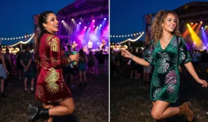 Jewel-toned tropical velvet mini dresses worn for evening sets at a music festival under stage lighting.
