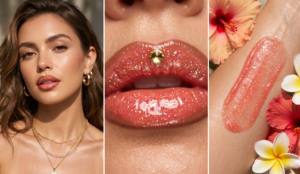Coral glitter lip gloss with a Y2K dark lip liner and a gold rhinestone on the cupid's bow.