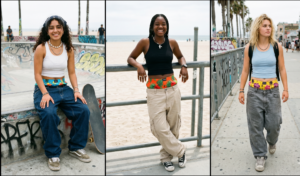 Collage of three women wearing oversized, low-slung jeans and cargo pants with the waistbands of tropical-print men's boxers peeking out above them.