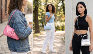 This series of images features various women and bags. On the left, a woman in a denim jacket holds a pink bag. The central image shows another woman in a blue t-shirt and white pants holding a blue bag while walking through a park. The far-right frame displays a woman in a black crop top carrying a silver metallic bag.
