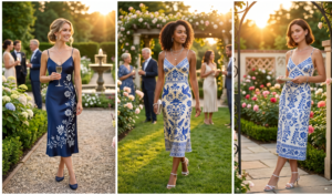 Three elegant women at a summer garden party wearing sleek 90s and Y2K minimalist slip dresses featuring intricate blue-and-white Mexican Talavera pottery prints.