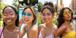 A four-panel grid of women wearing nostalgic Y2K pastel tinted rimless sunglasses in soft pink, blue, lilac, and yellow lenses.