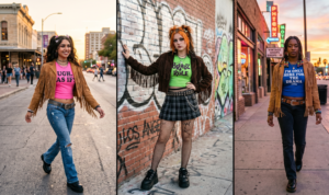Three trendy women layering lightweight western suede jackets with dramatic fringe over brightly colored, pop-punk inspired Y2K graphic baby tees for a summer evening look.