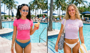 Two women posing by the pool wearing trendy Y2K graphic baby tees and low-rise bikini bottoms.