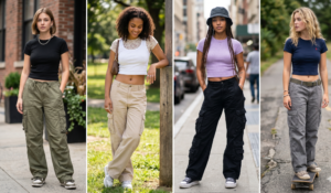 In a series of images, different women showcase various styles of cargo pants and tops. The first woman wears a black t-shirt and green pants, followed by a woman in a floral top and beige pants. A third woman in a lavender top and dark pants is seen, and the final woman is pictured in a navy blue top and grey pants, riding a skateboard.