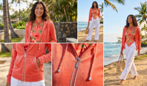 Coral rhinestone velour hoodie layered over a tropical print top and white linen trousers.