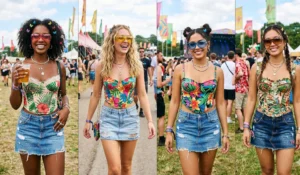 4 girls styling tropical print corset tops with denim mini skirts and Y2K accessories for summer music festivals.