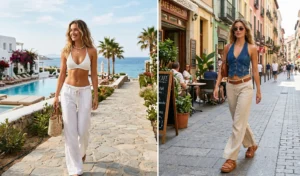 Split image showing relaxed low-rise linen flare pants in white and beige, styled with breezy summer tops for a vacation aesthetic.